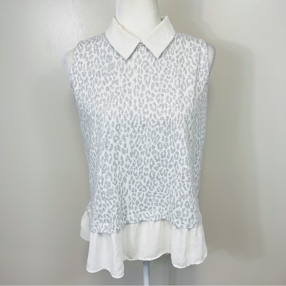 LOFT Mixed Media Gray & Cream Leopard Collard Sweater Tank Top - SMALL - Picture 2 of 10